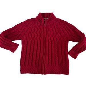 Aran Crafts Merino Wool Berry Red Cable Knit Zip Sweater Size L Irish